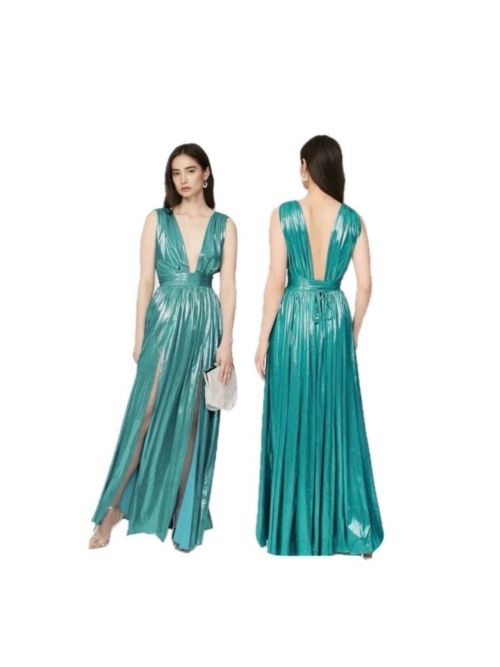 Bronx and Banco, Metallic Teal Plunge Maxi Gown Dress, Size L EUC